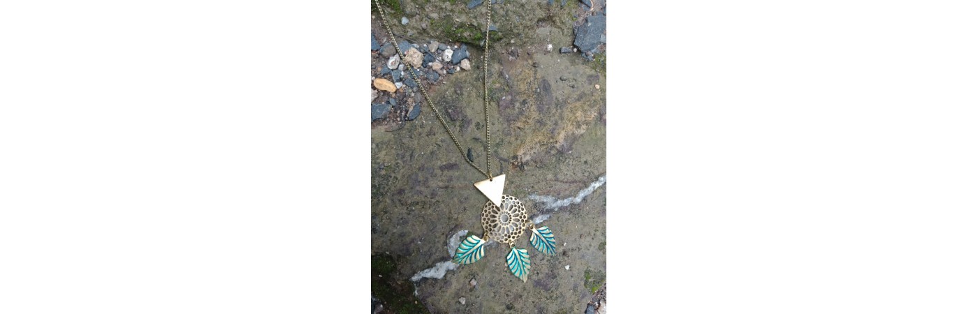 Alphabey's Geometry Pendant with Brass Leaf, Triangle and Net Flowered Pendant Necklace